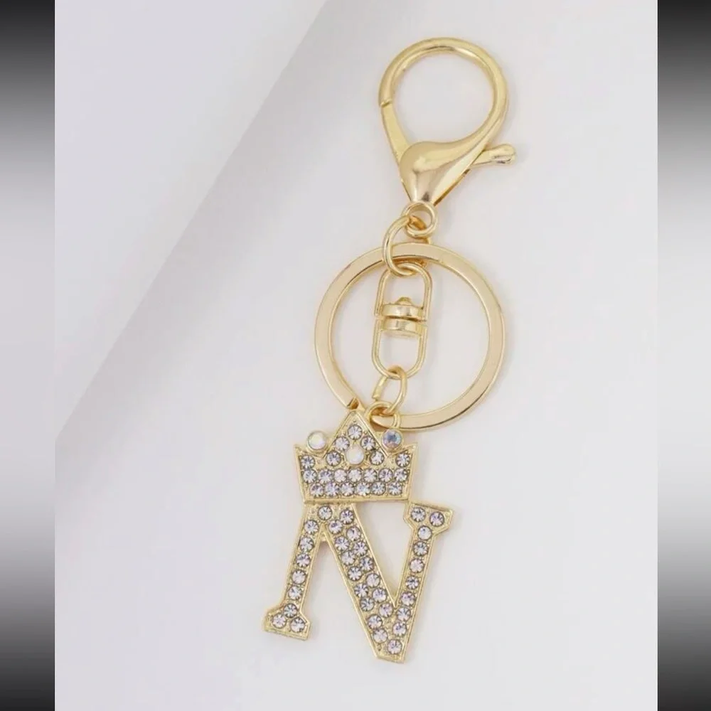 3/$25 Rhinestone Letter Charm Keychain. “N” - Picture 3 of 6